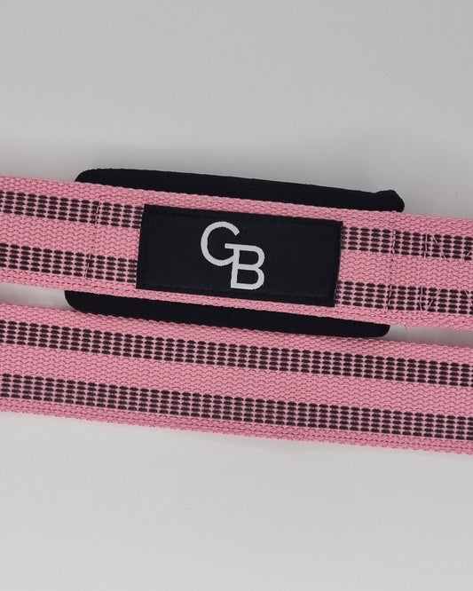 Pink and black striped lifting straps with a logo on a white background