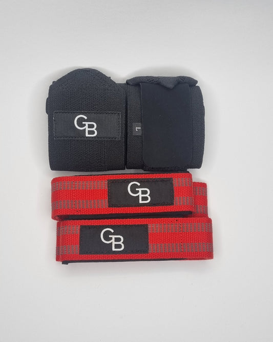 Black wrist wraps and red straps with 'GB' logo on a white background