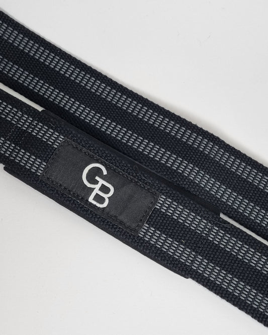 Weightlifting straps, grip fatigue, pulling movements. (close-up)