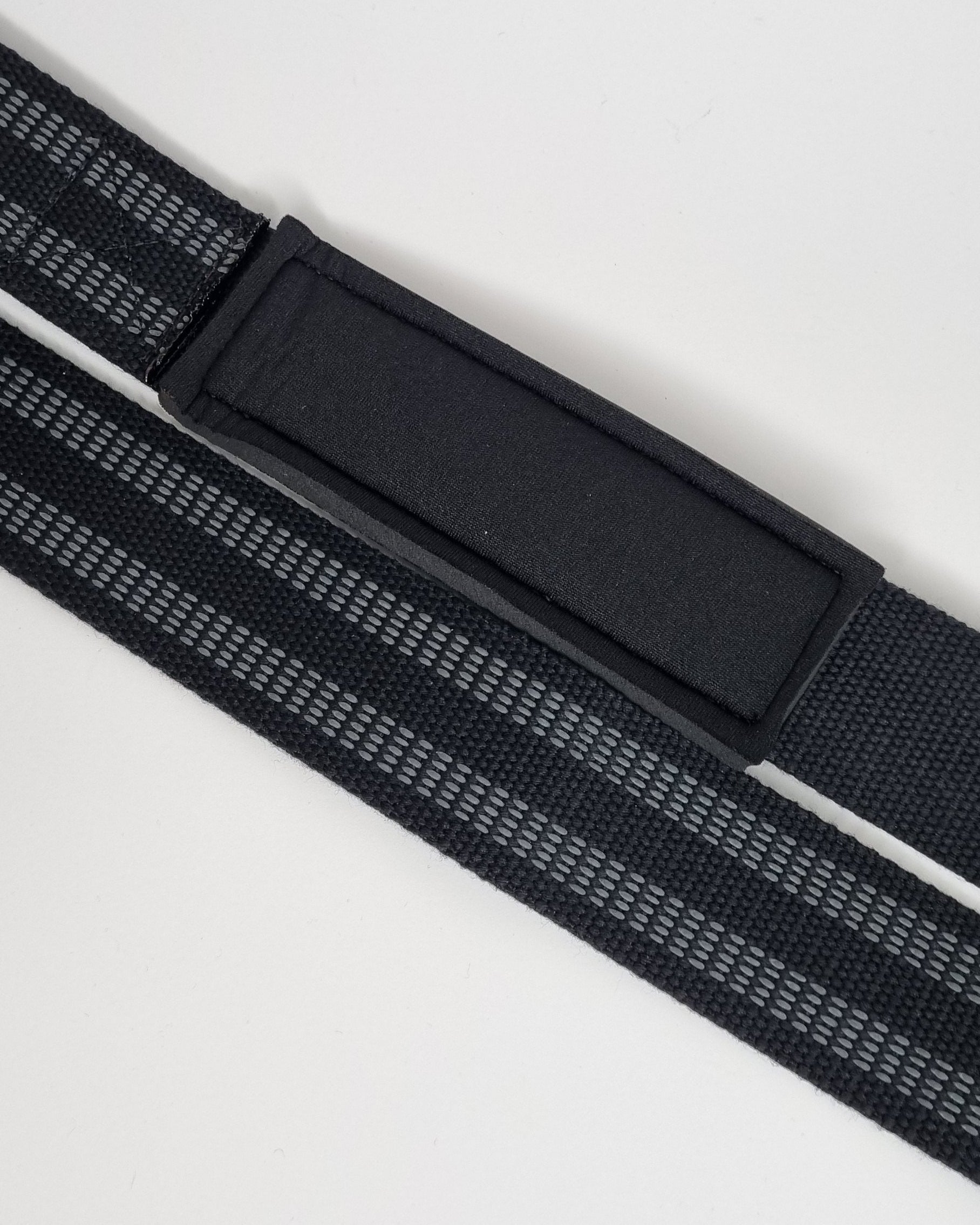 Weightlifting straps, grip fatigue, pulling movements. (padding close-up)