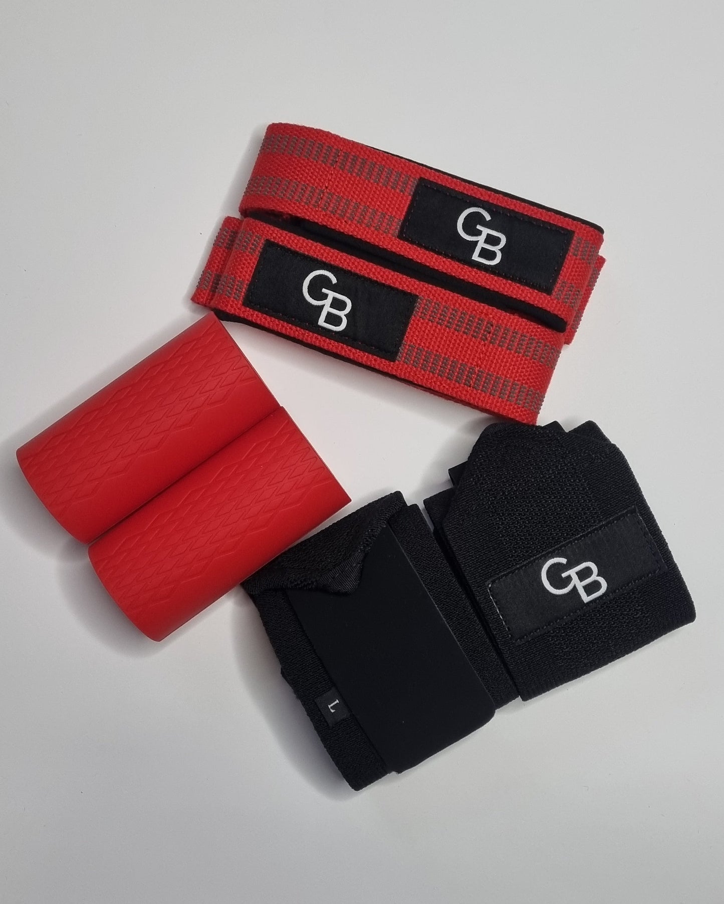 lifting straps red, thick grips red, stiff wrist wraps, main view