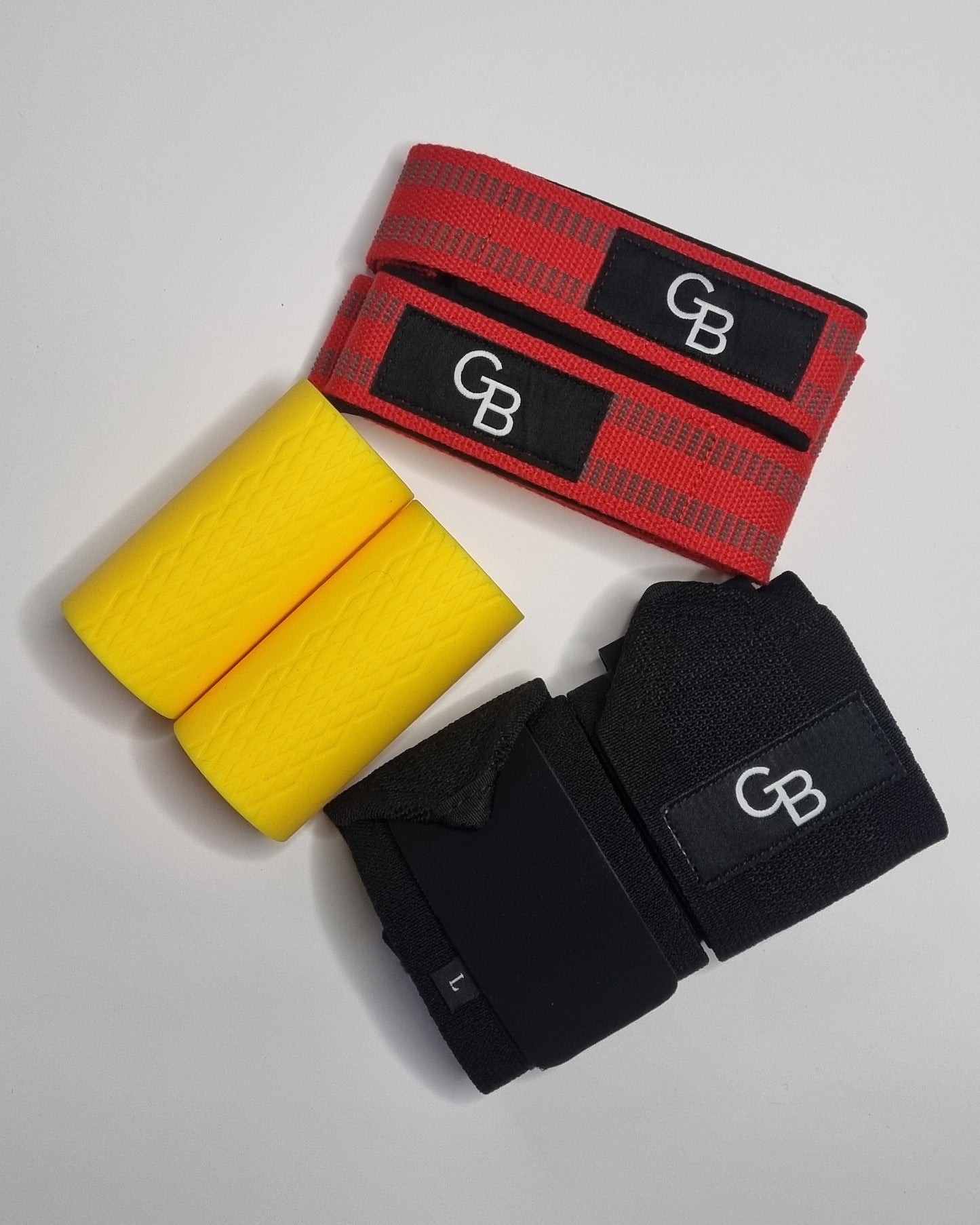 lifting straps red, thick grips yellow, stiff wrist wraps, main view
