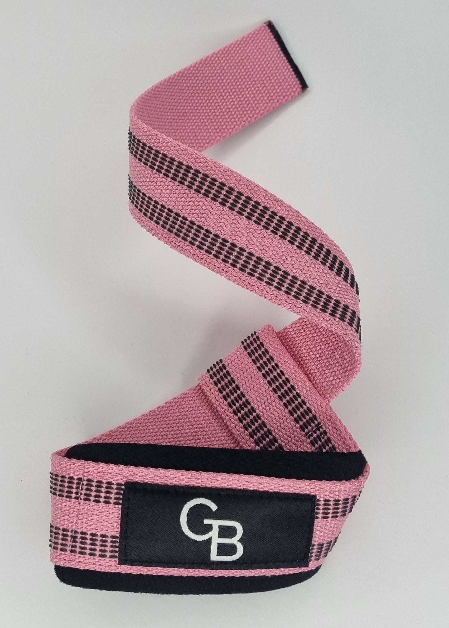 Pink lifting straps with black plaid pattern and brand logo on a light gray background