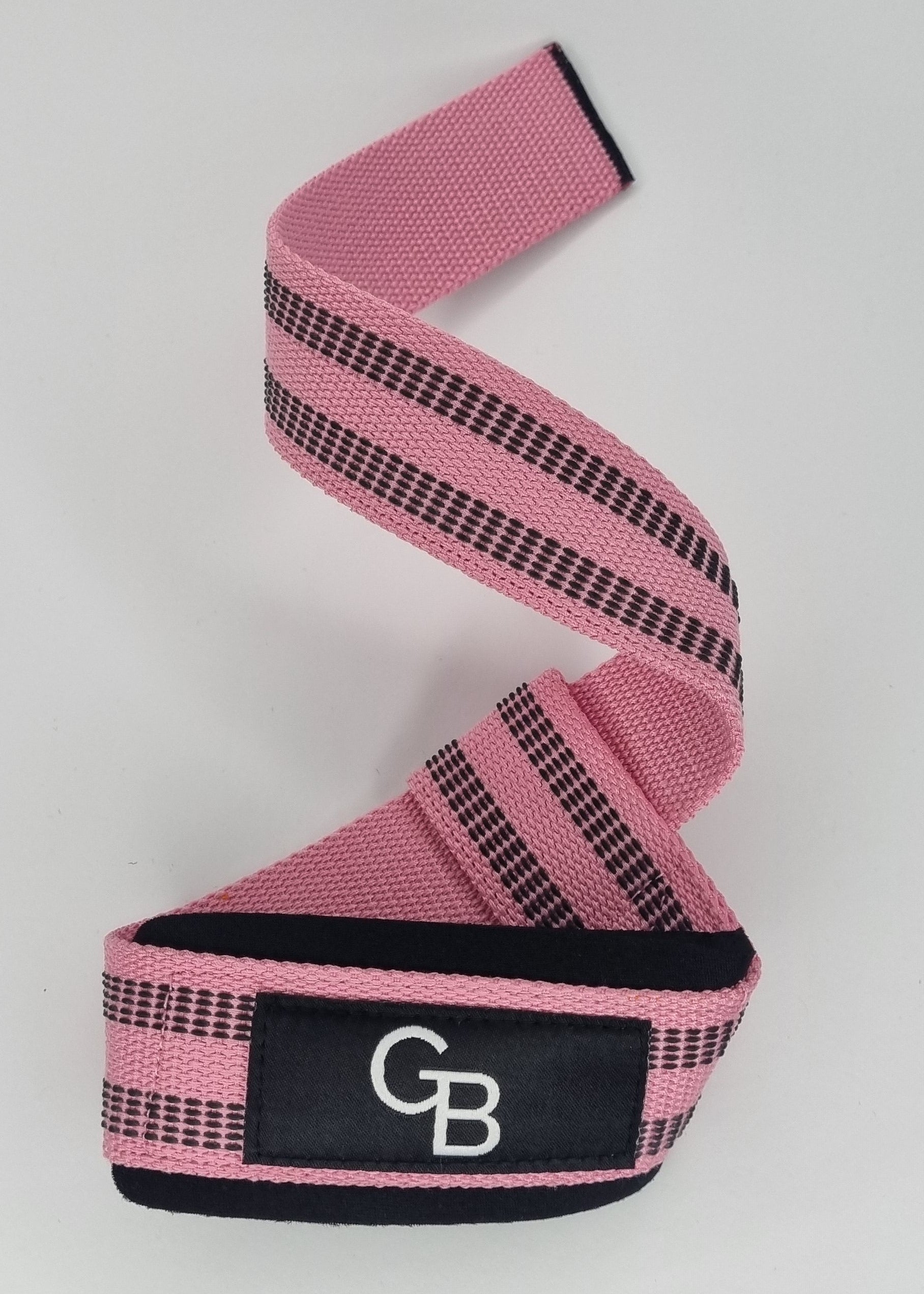 Pink lifting straps with black plaid pattern and brand logo on a light gray background