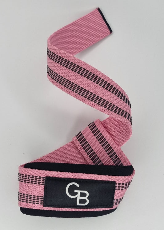 Pink lifting straps with black plaid pattern and brand logo on a light gray background