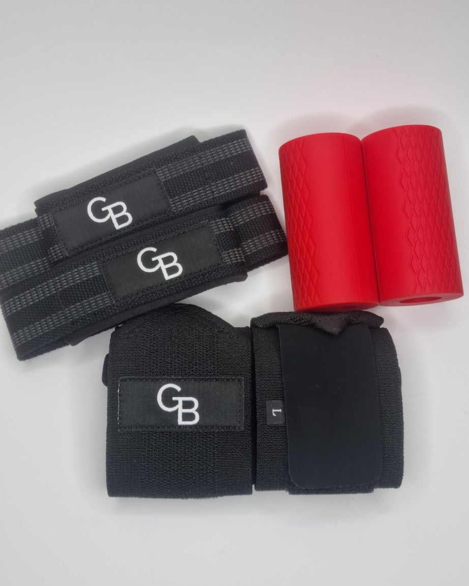 Black and red wrist wraps with 'GB' logo on a white background