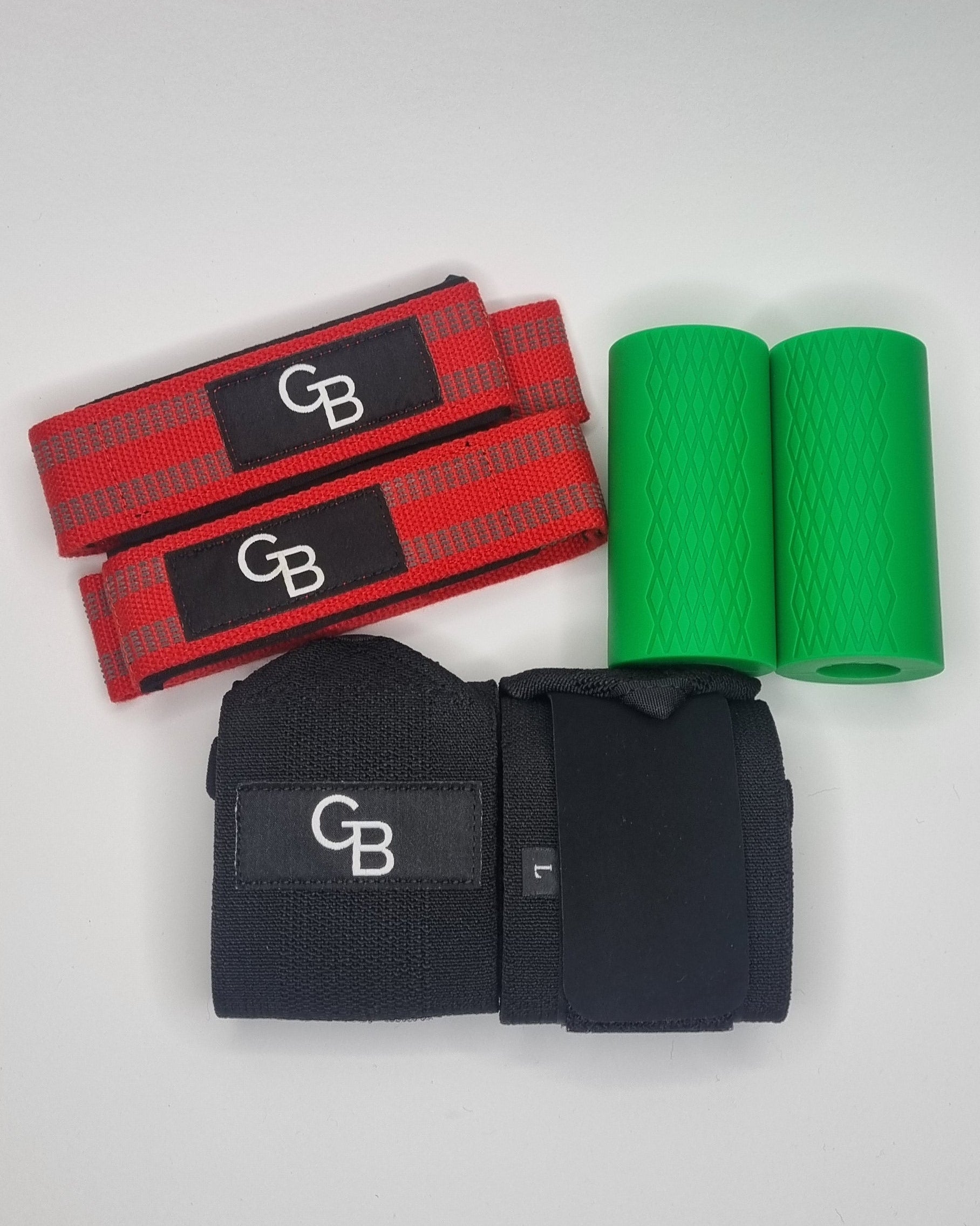 Two green resistance bands and two red and black straps with a brand logo on a white surface.