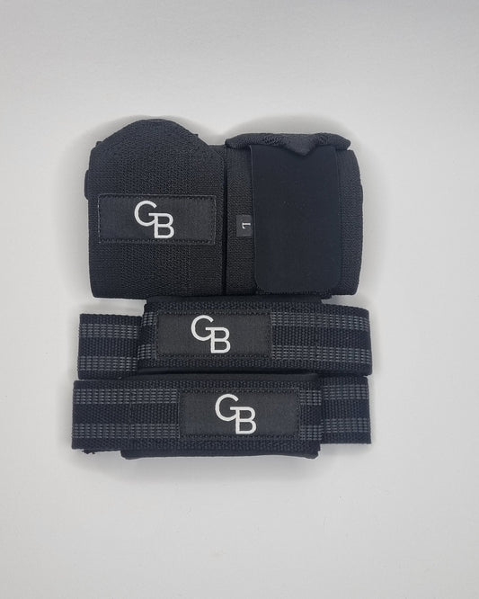 Black wrist wraps with 'GB' branding on a white background