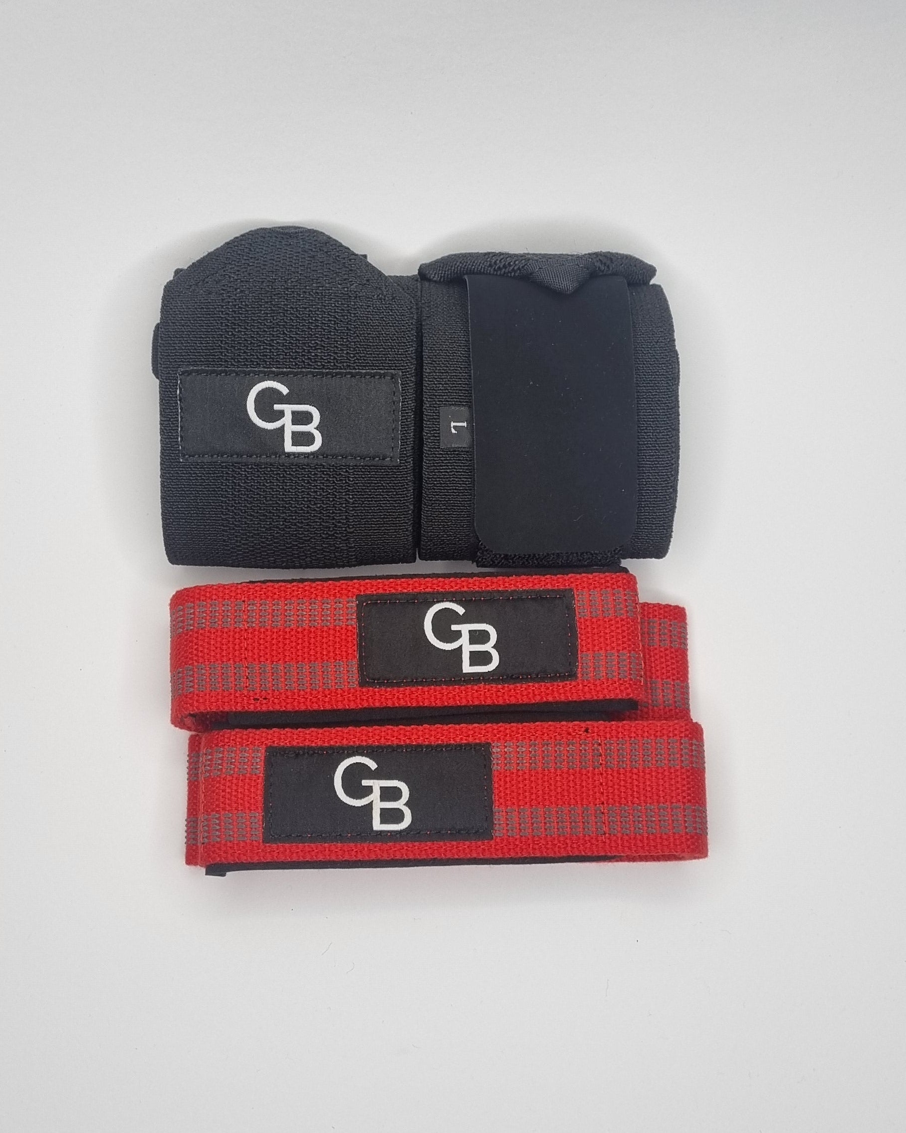 Black wrist wraps and red straps with 'GB' logo on a white background