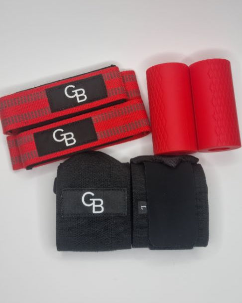 Black and red wrist wraps with 'GB' logo on a white background